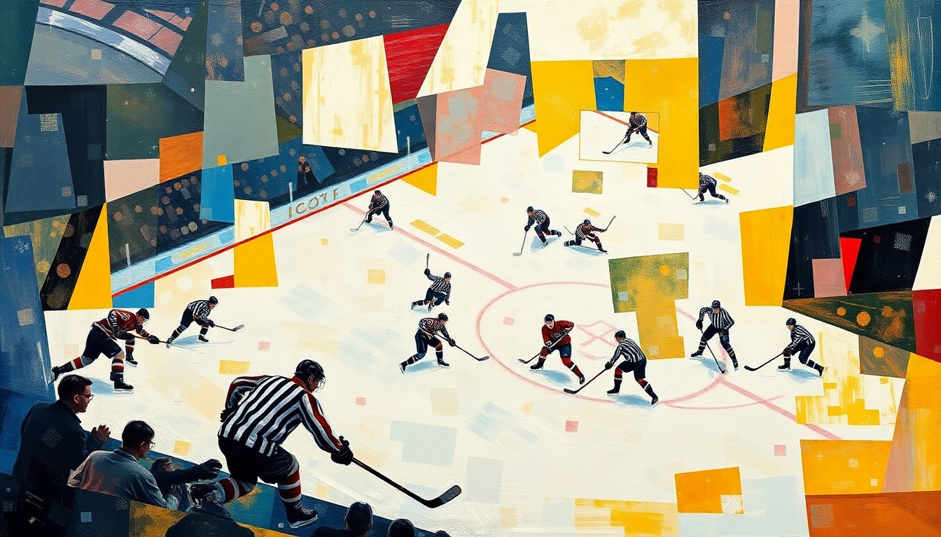 A cubist, geometric painting depicting a hockey game in abstract, overlapping shapes and planes of color, conveying the volatility and uncertainty of the Blue Jackets' playoff push.