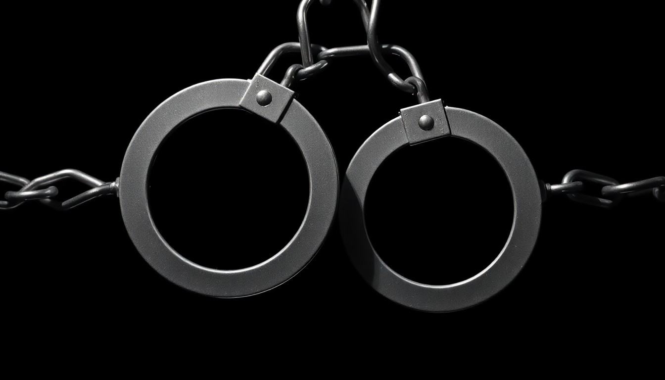 An extreme close-up of a handcuff chain against a pitch-black background, the metallic texture and shadows creating a stark, gritty, investigative aesthetic.