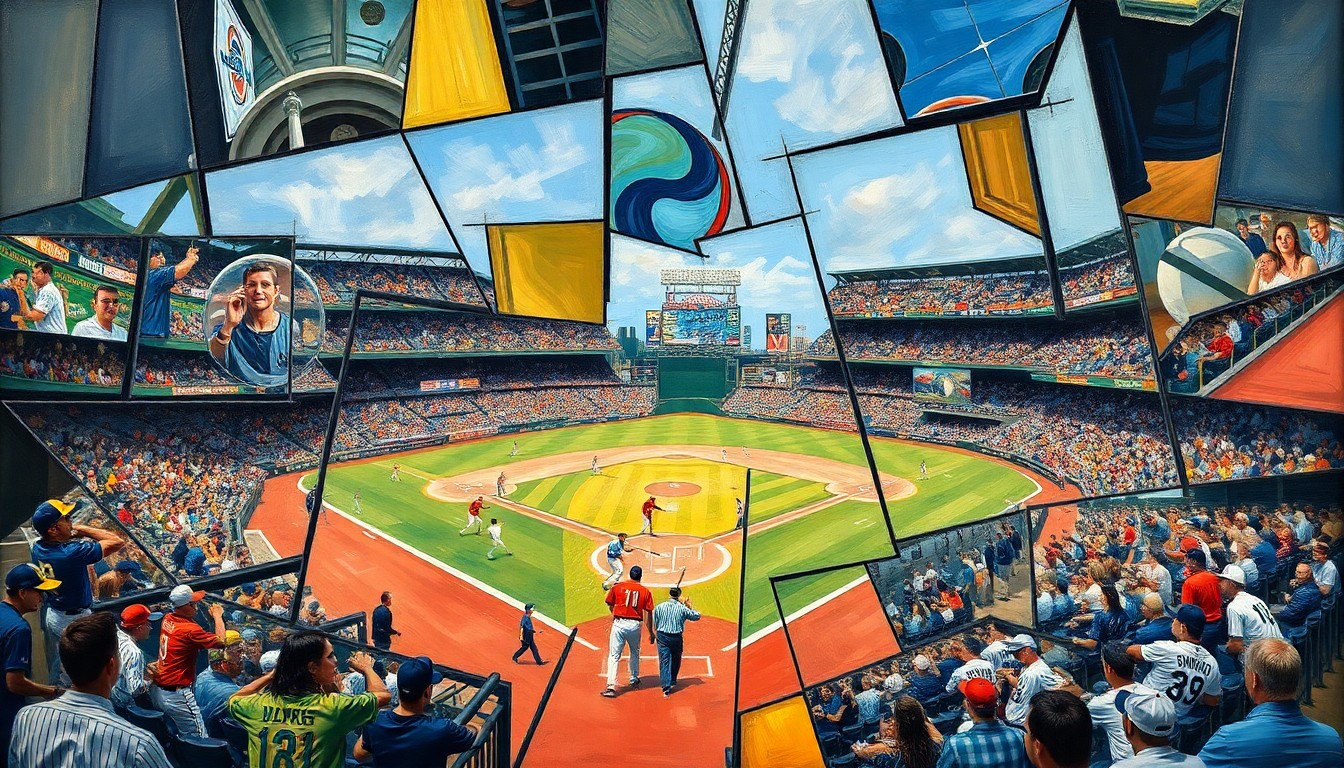 A fractured, geometric painting depicting various baseball actions and movements, with bright colors and sharp, overlapping shapes representing the dynamic nature of the sport.