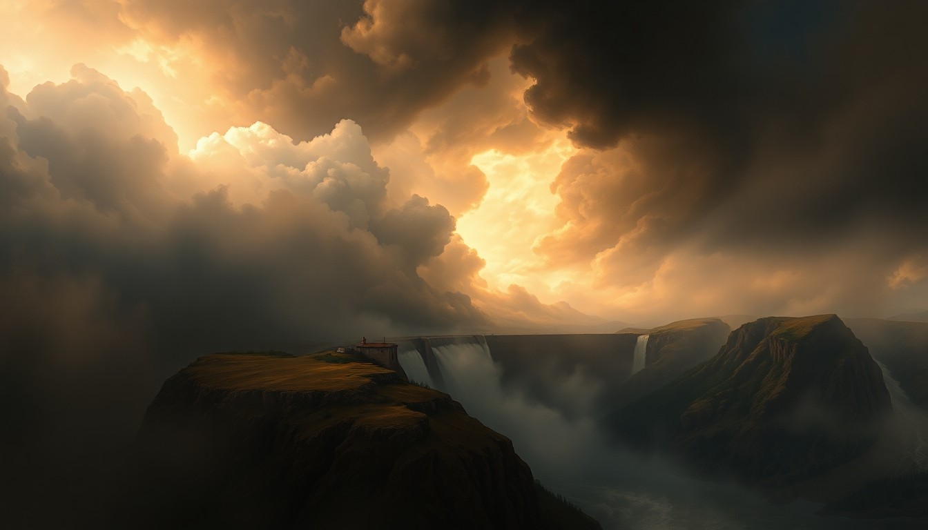 A sweeping, atmospheric landscape painting depicting a small, partially obscured dam structure dwarfed by the overwhelming power of a violent storm, conveying the sublime scale and potential danger of Hawaii's aging dam infrastructure.