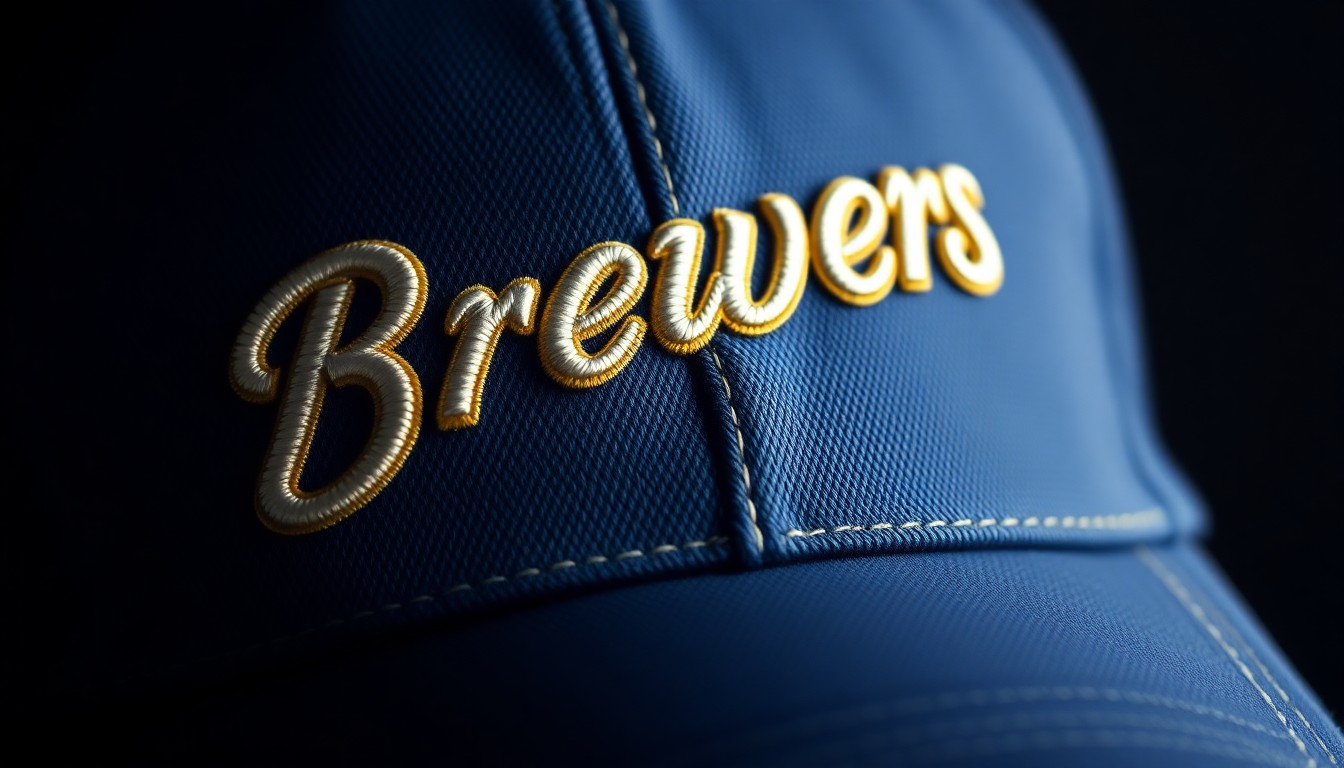 An extreme close-up photograph of the textured fabric and stitching of a vintage Brewers baseball cap, shot in dramatic studio lighting to create a high-fashion, abstract aesthetic representing the enduring legacy of Bob Uecker.