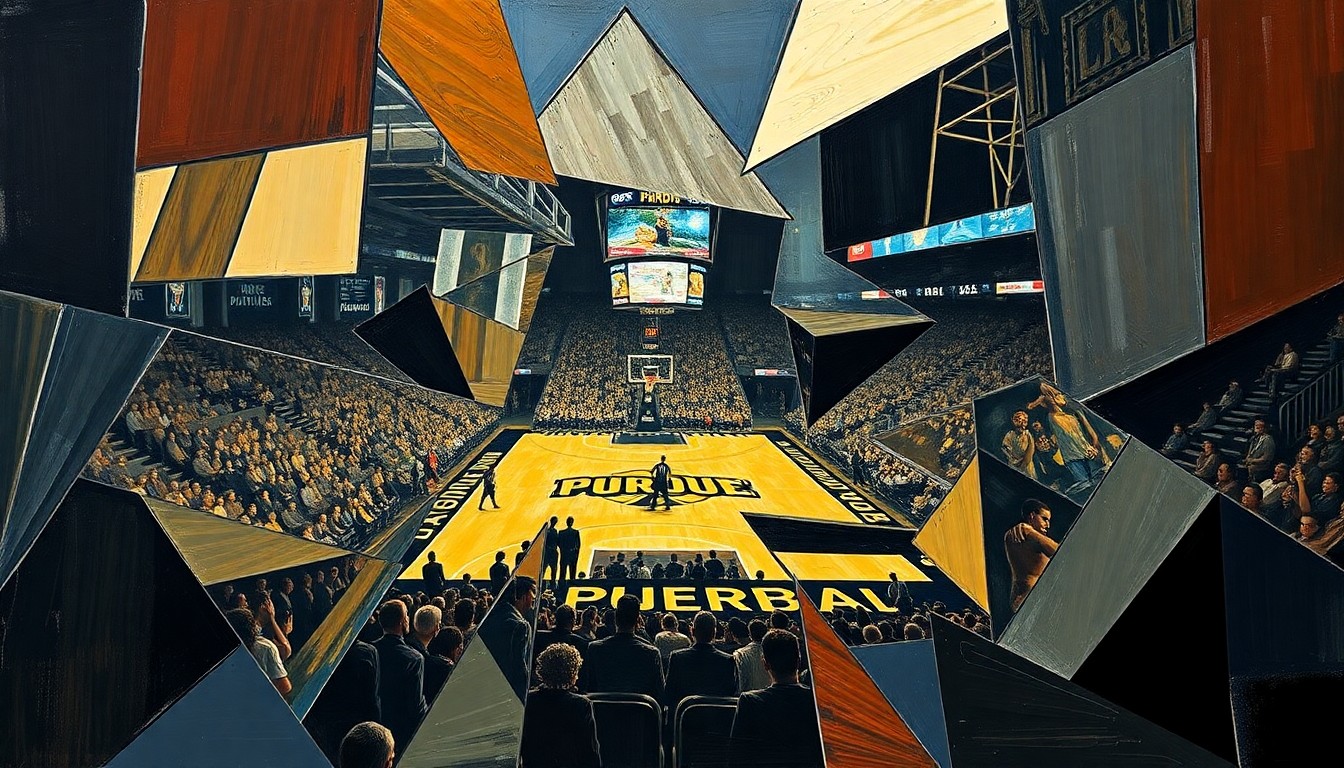 A cubist, geometric painting depicting a fragmented, multi-perspective view of a basketball game, conceptually representing the changes and uncertainty facing Purdue's basketball program.