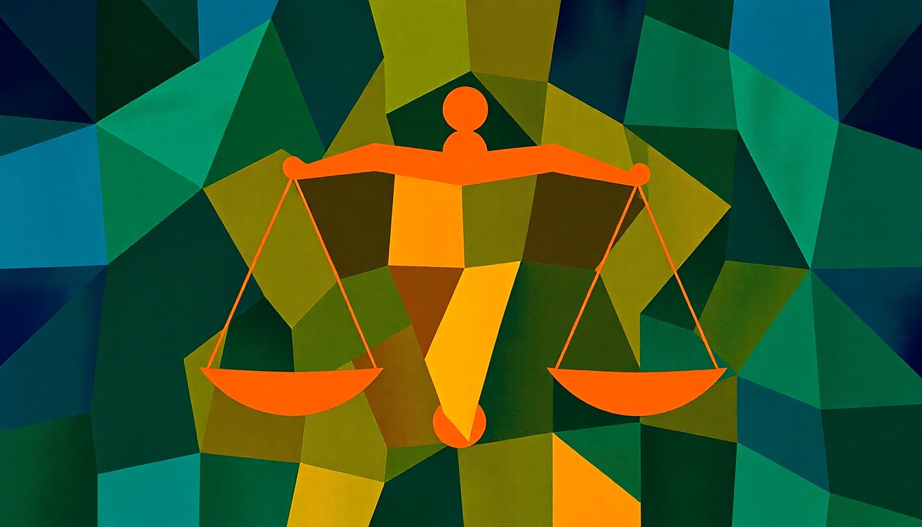 A dynamic, abstract painting featuring overlapping, fractured shapes in shades of blue, green, and orange, conceptually representing the divisive debate over the role of religion in public education.