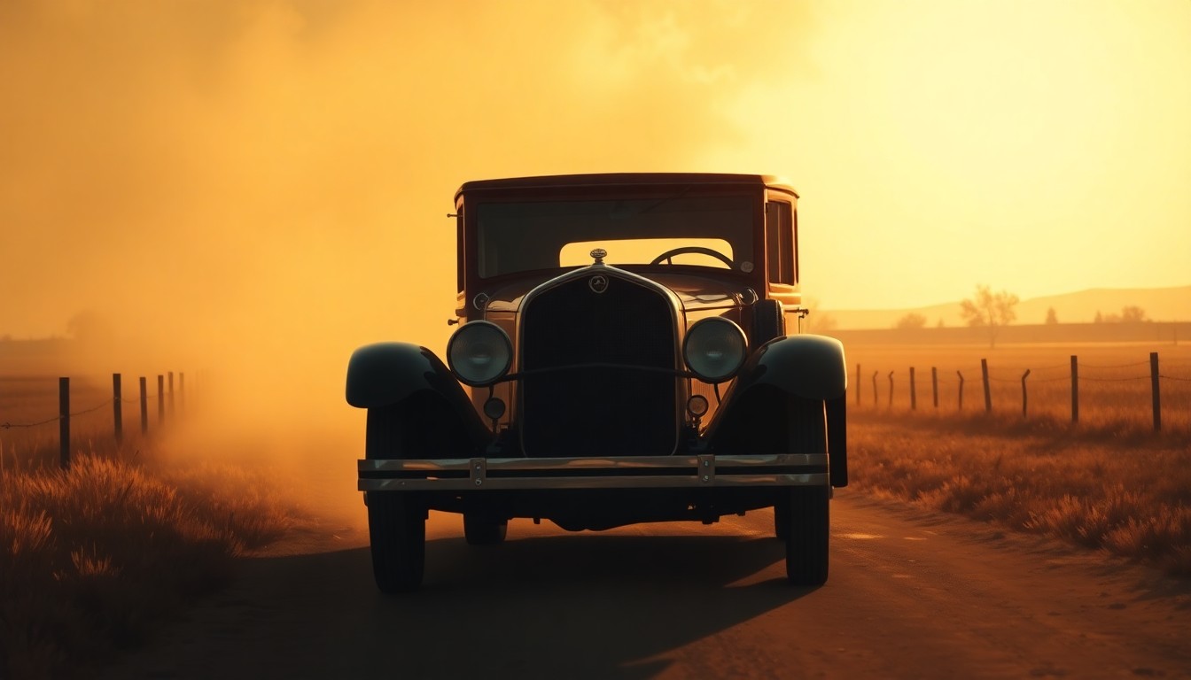 A nostalgic, cinematic painting of a vintage car parked on a dusty rural road, with warm sunlight and deep shadows creating a sense of the historical journey undertaken by the two women.