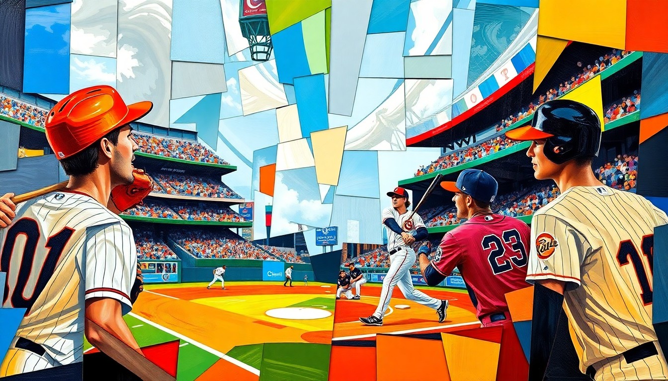 A fragmented, geometric painting depicting a baseball game between the Baltimore Orioles and Texas Rangers, with sharp planes of color representing the players, field, and stadium.