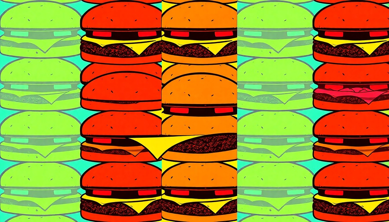 A high-contrast silkscreen print featuring a repeating grid of a single, iconic burger ingredient like a cheese slice or tomato, rendered in a bold, neon color palette that captures the energy and artistry of Nashville's chef-driven burger culture.