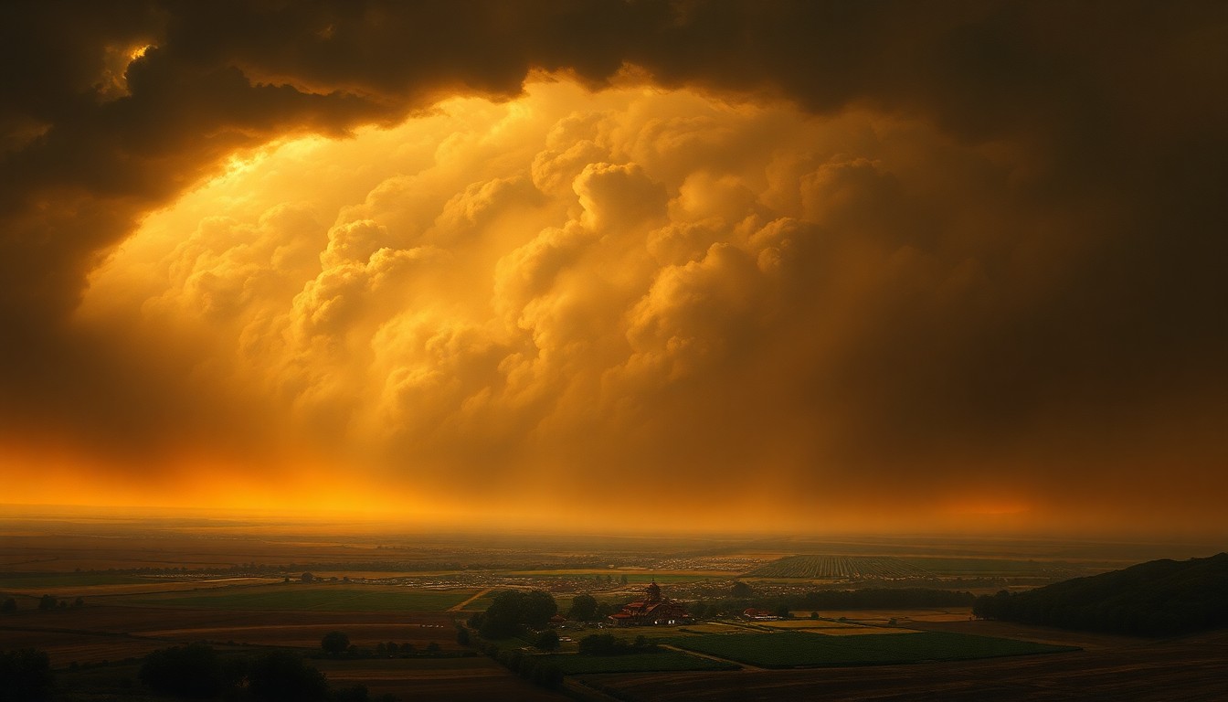 A vast, atmospheric landscape painting depicting a massive, swirling heat dome enveloping a small town or rural area, using dramatic lighting and deep perspective to convey the overwhelming scale and power of the extreme weather event.