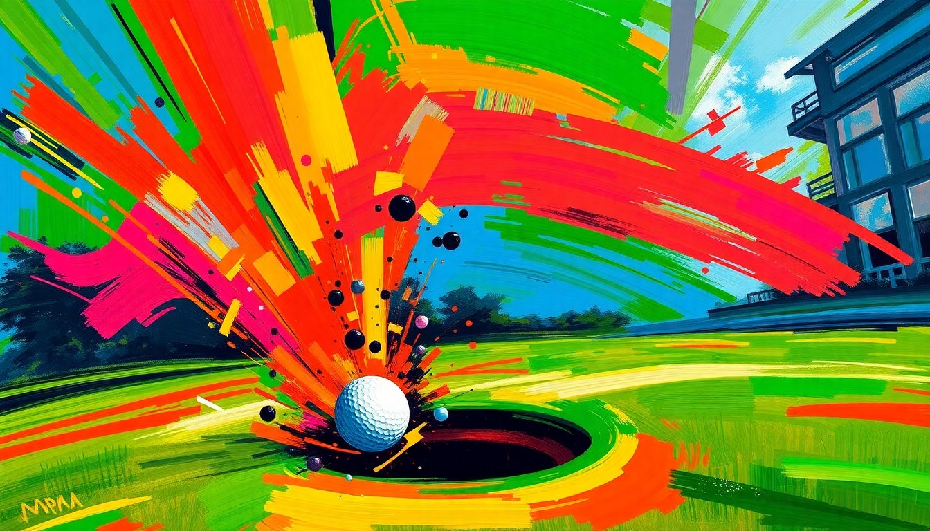 An extreme close-up of a golf ball dropping into a golf cup, surrounded by a swirl of vibrant neon brushstrokes in shades of green, yellow, and orange, conceptually capturing the excitement and energy of a rare hole-in-one moment in professional golf.