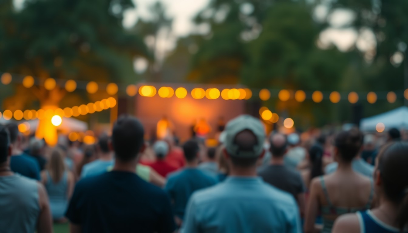 An abstract, impressionistic photograph showing the silhouettes of people gathered at an outdoor concert, with the scene blurred and obscured in a warm, hazy glow of light.