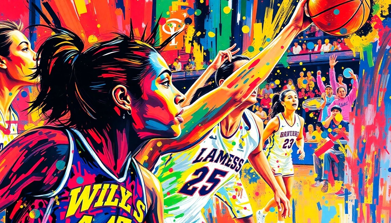 An abstract, expressionist painting in neon colors capturing the intense emotion and energy of a women's basketball game, with the players' forms dissolving into vibrant brushstrokes.