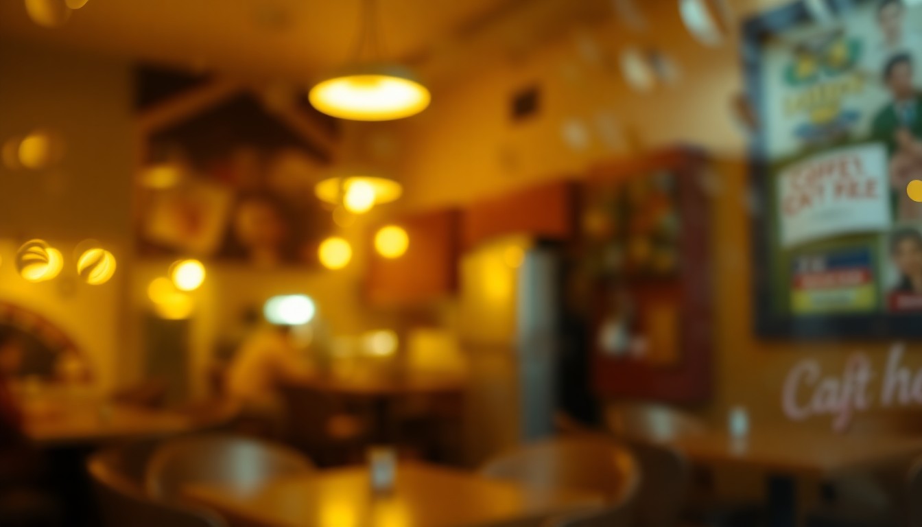 An abstract, impressionistic image of a cozy coffee shop interior, with blurred shapes and pools of warm, soft light, conveying the welcoming atmosphere of a beloved local business.