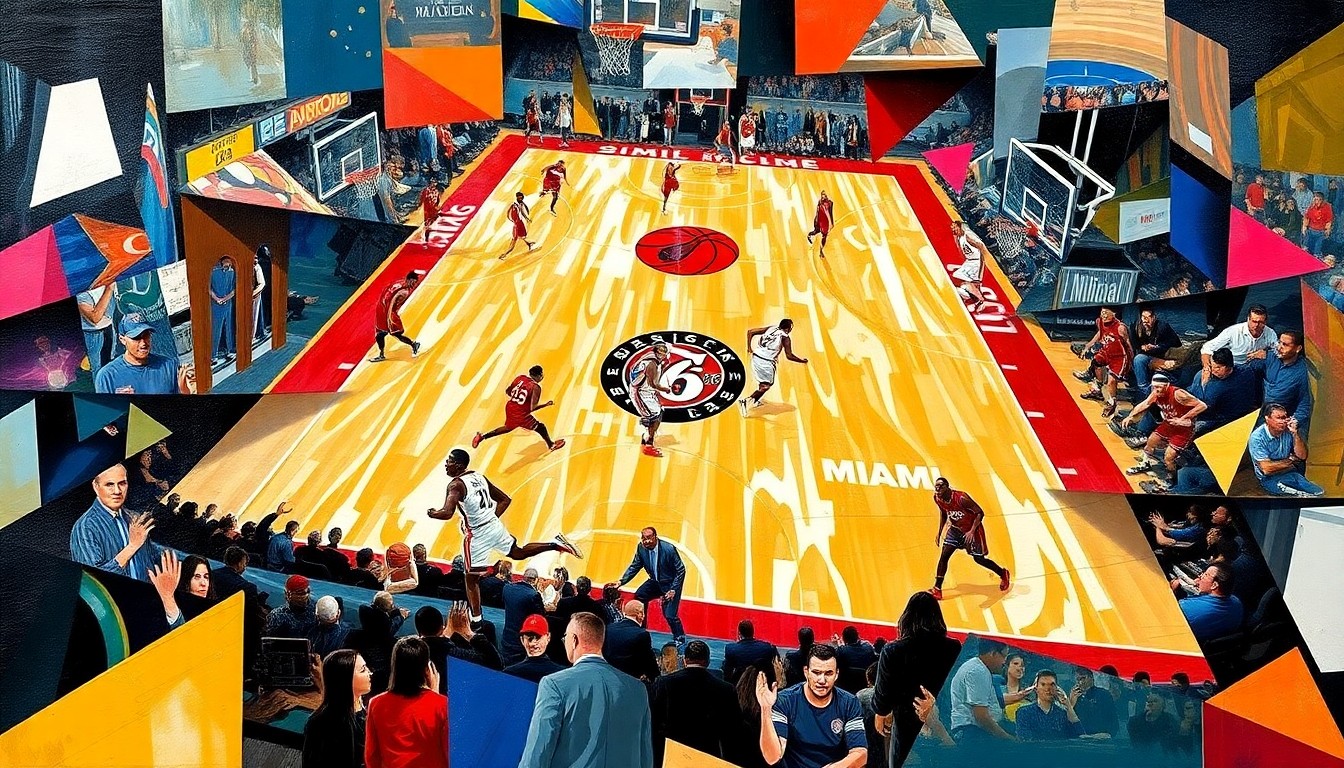 A fractured, multi-perspective painting depicting a basketball game between two teams, with the players and court broken down into sharp, overlapping geometric shapes and planes, creating an abstract, cubist composition.