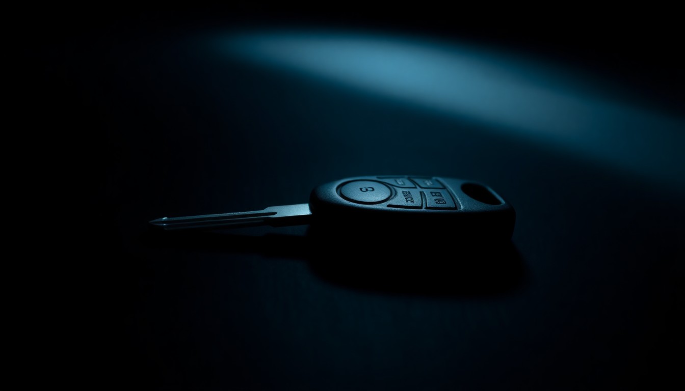 An extreme close-up photograph of a lone car key on a dark surface, lit by a harsh camera flash, conceptually representing the lack of clues in the Nancy Guthrie disappearance case.