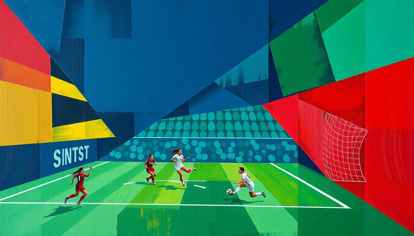 A cubist, geometric painting depicting the action and energy of a women's soccer match, with overlapping shapes and planes of color representing the players, ball, and field.