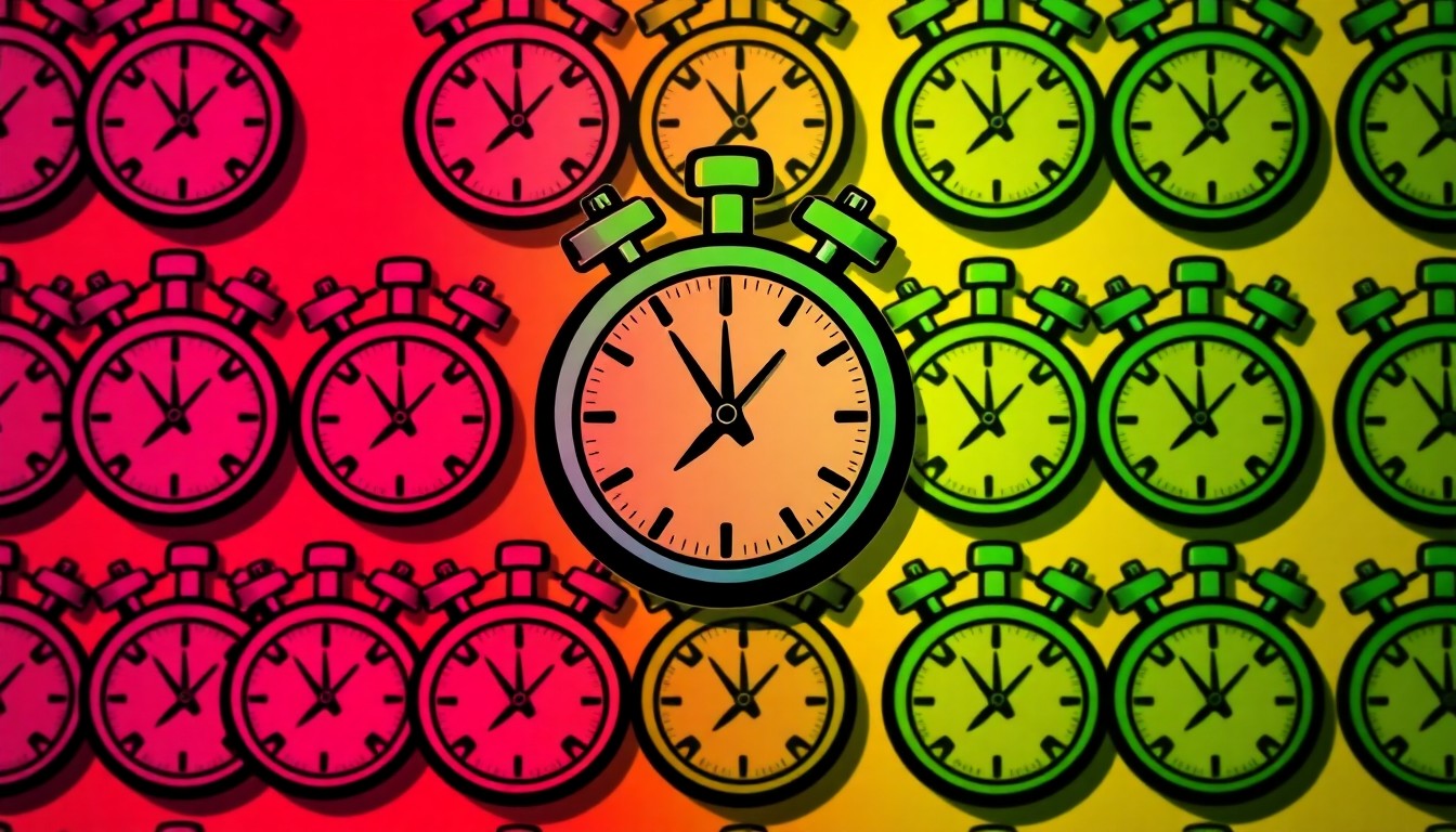 A high-contrast silkscreen print of a stopwatch icon repeated in a grid, using bright neon colors and bold black outlines to create a modern pop art style representation of the '3 to 30 Seconds' pause concept.