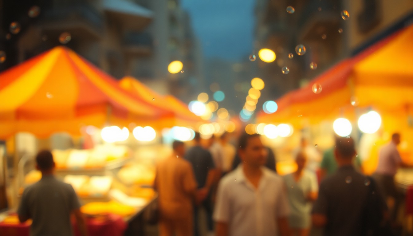 An abstract, out-of-focus photograph depicting the blurred shapes and colors of an outdoor market, with indistinct figures and vendor tents surrounded by a warm, hazy glow, conveying the lively atmosphere of the Del Ray Vintage & Flea Market.