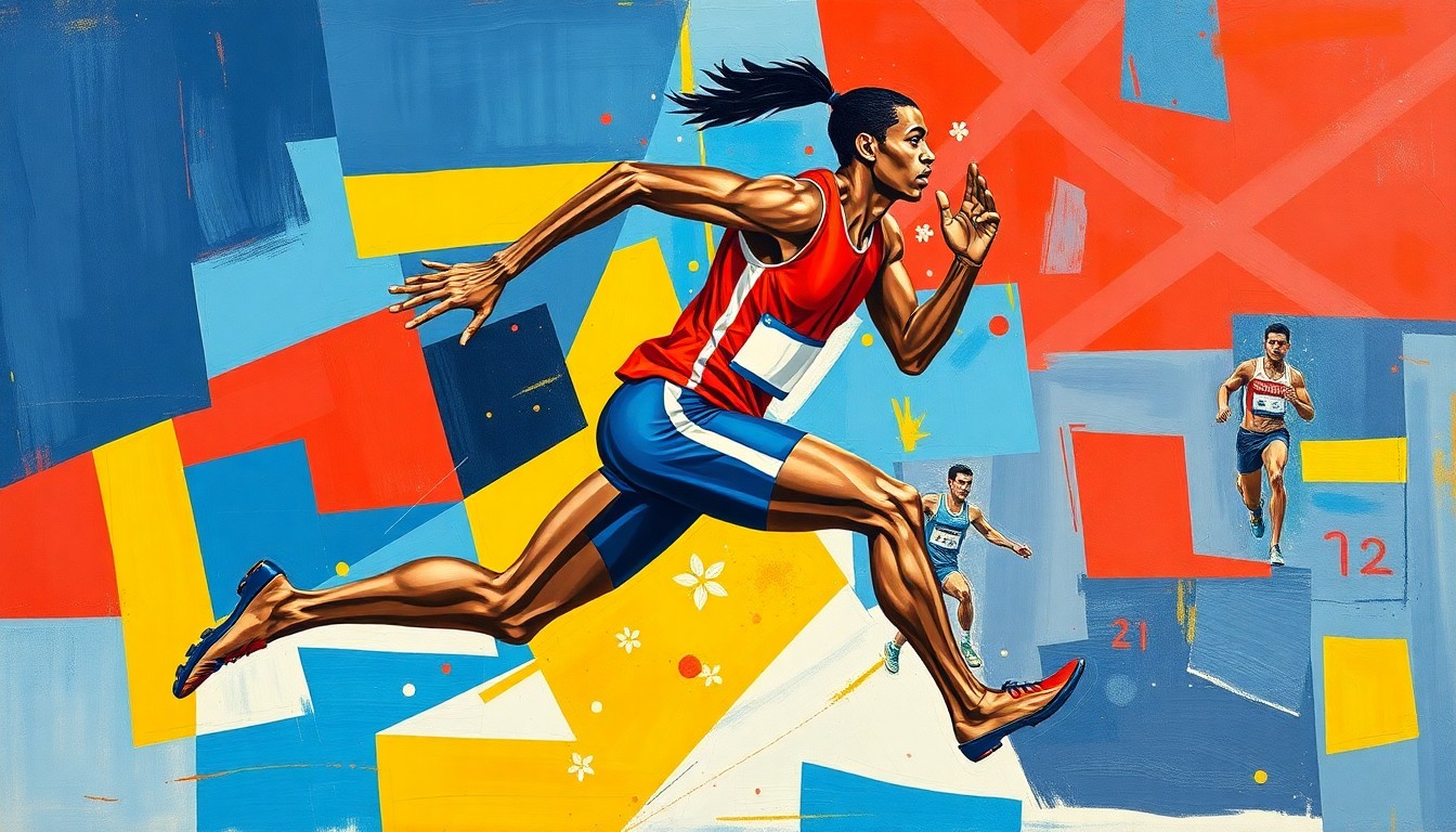 A fragmented, geometric painting depicting a track athlete in mid-stride, with sharp planes of color and movement capturing the energy and determination of the athlete's pursuit of Olympic dreams.