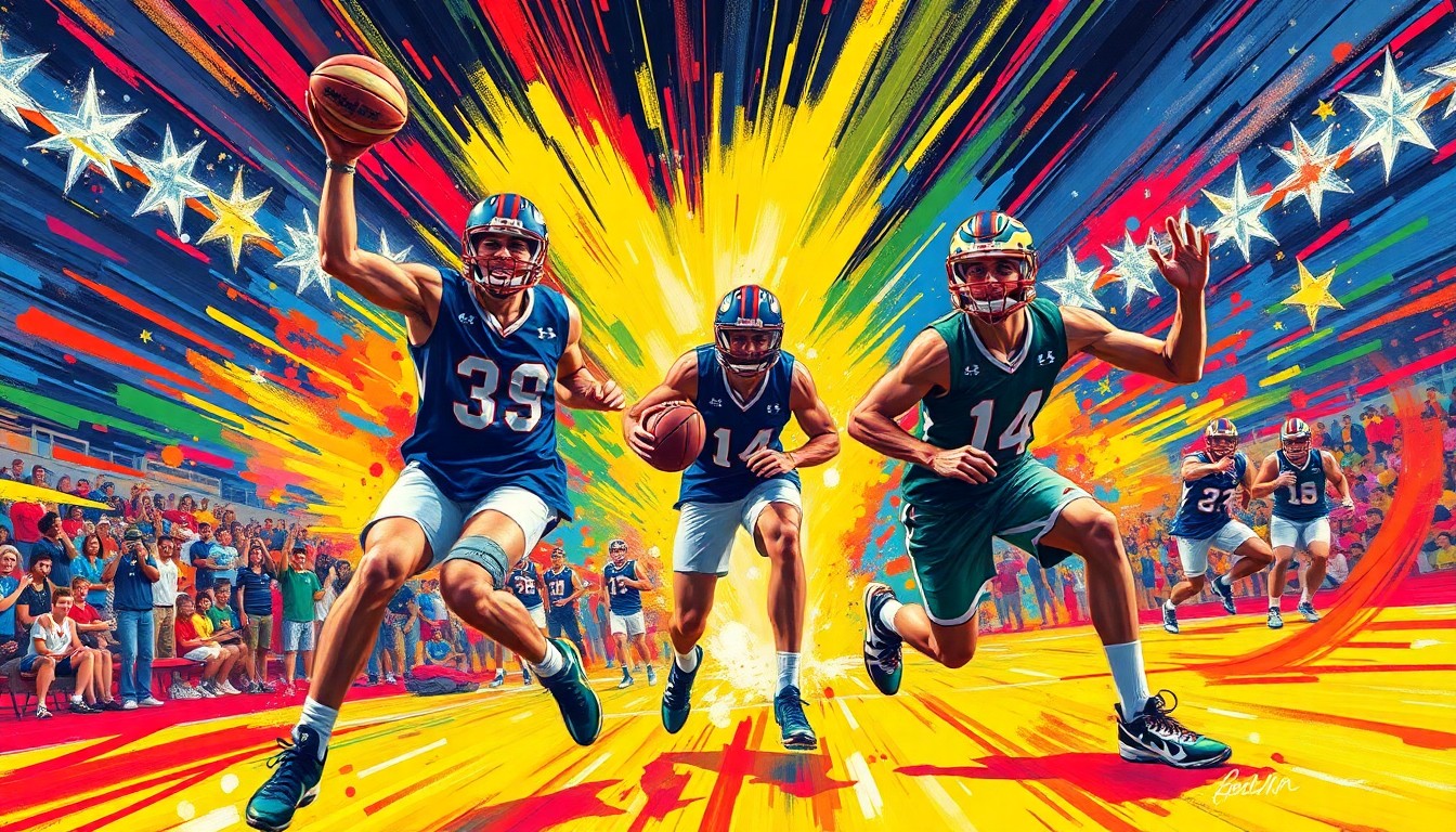 An abstract, energetic painting featuring overlapping brushstrokes of neon yellow, orange, and blue, conveying the excitement and dynamism of high school athletics.