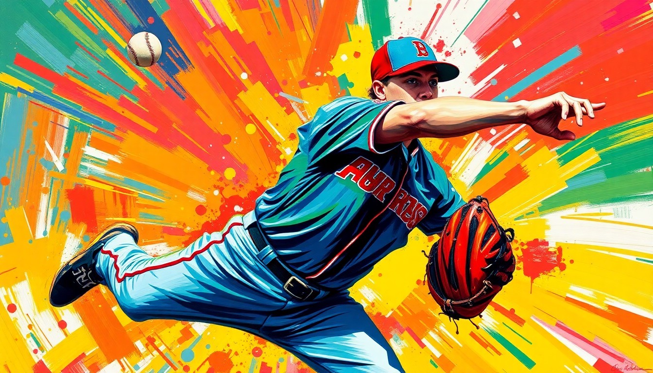 An extreme close-up of a high school baseball player's pitching motion, captured in a vibrant, expressionist style with neon colors and rapid brushstrokes to convey the raw energy and athleticism of the sport.