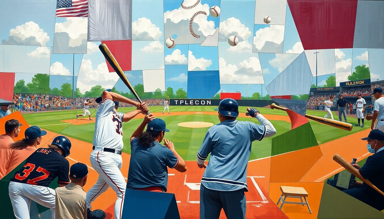 A fragmented, geometric painting depicting the dynamic movements and competing perspectives of a high school baseball game, with players, bats, and baseballs rendered in an abstract cubist style.