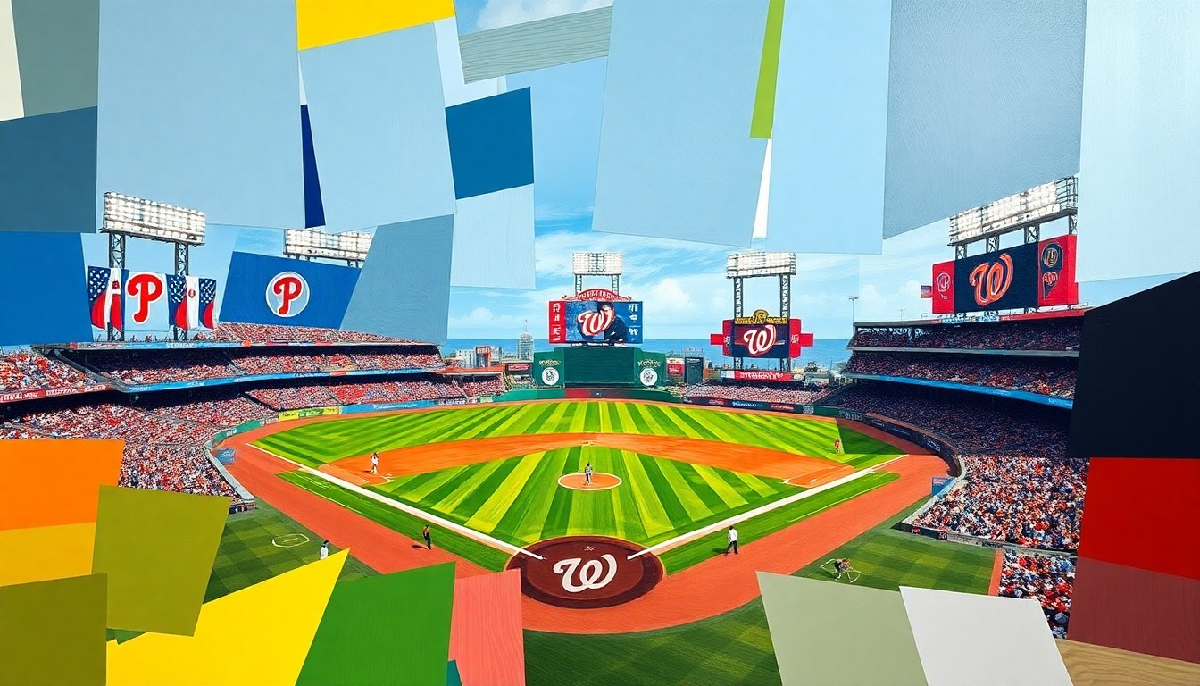 A cubist, geometric painting depicting a baseball game between the Philadelphia Phillies and Washington Nationals, with the players and field broken down into sharp, overlapping planes of vibrant colors.