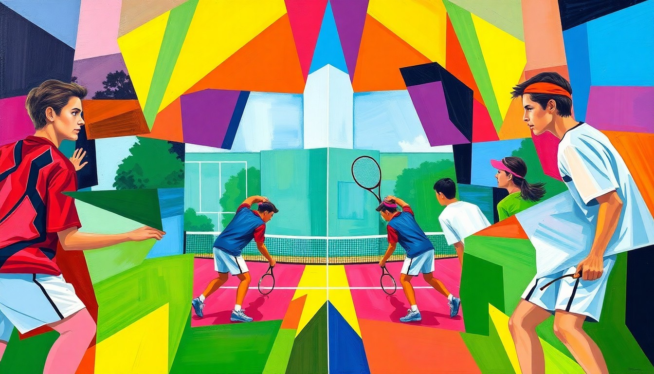 A fragmented, geometric painting depicting the dynamic movements and energy of a high school tennis match, with the players' uniforms and court elements broken down into sharp, overlapping planes of color.