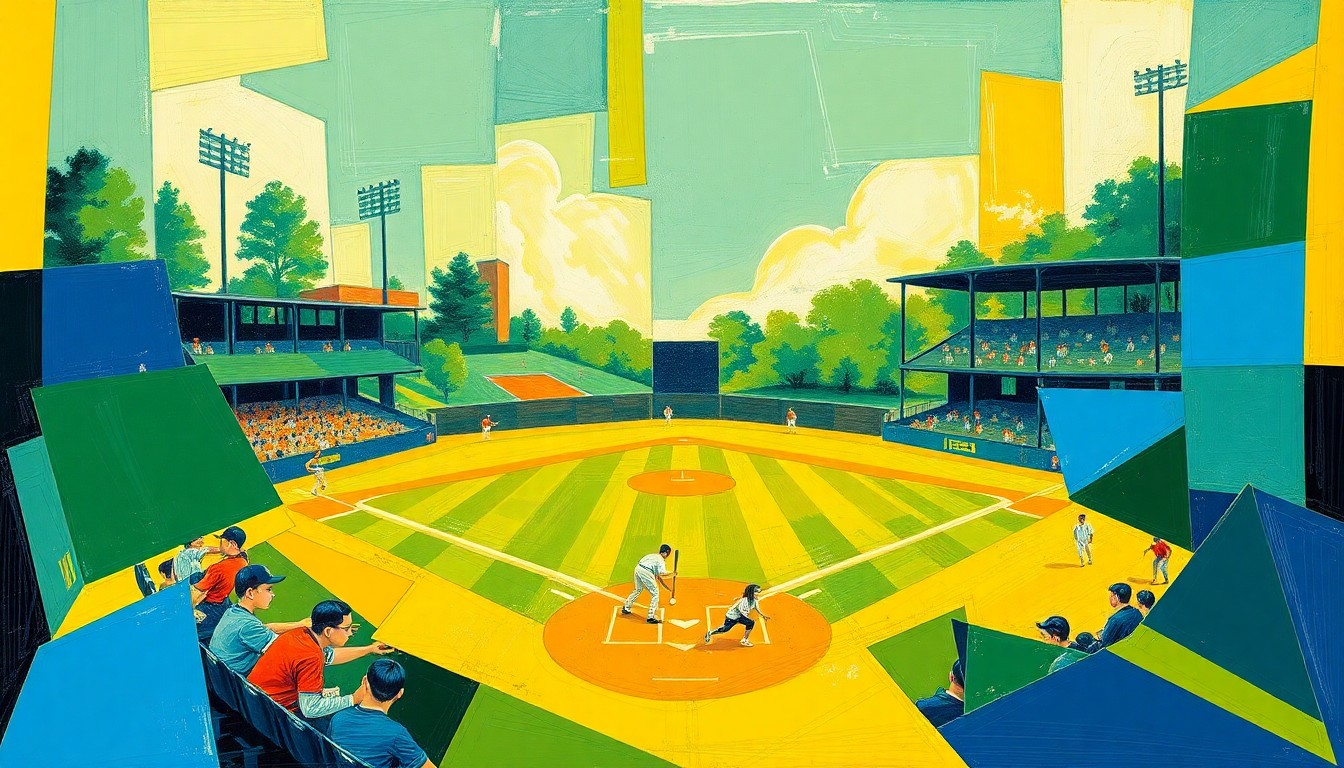 A cubist, geometric painting in shades of green, yellow, and blue depicting the action and motion of a high school softball game in an abstract, deconstructed style.