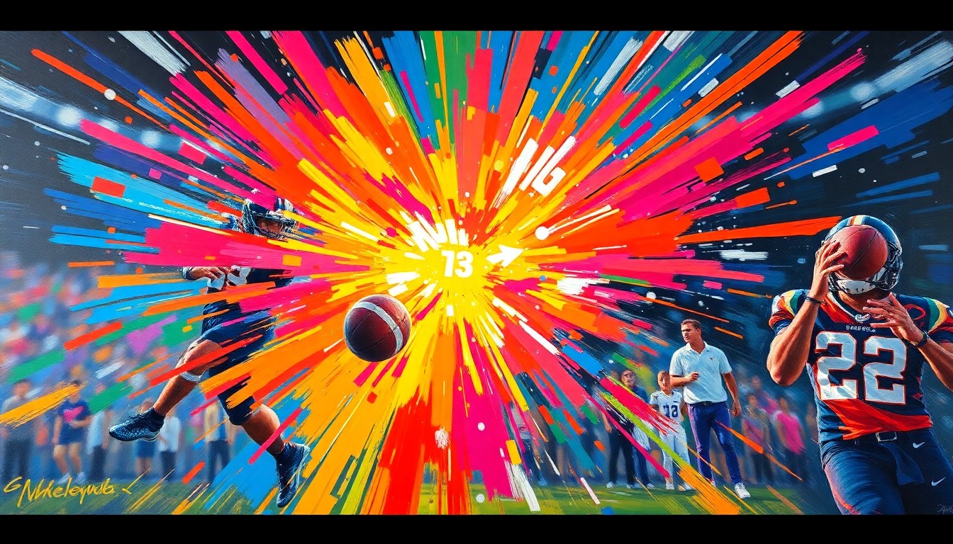 An abstract, energetic painting featuring vibrant brushstrokes of neon colors, capturing the dynamic movements and raw energy of high school sports competitions.