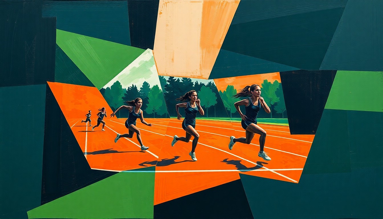 A fragmented, cubist-style painting depicting a girls' track and field competition, with overlapping geometric shapes and planes in shades of navy, green, and orange conveying the sport's fast-paced action and competitive spirit.