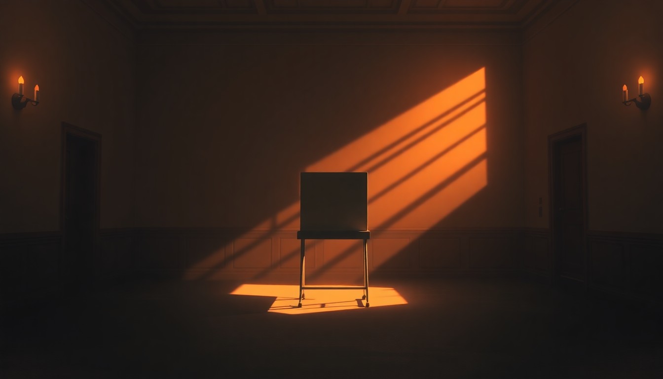 A warm, nostalgic painting depicting a lone voting booth in a dimly lit town hall, with soft light filtering through the windows and creating deep shadows, conveying the quiet importance of the democratic process.