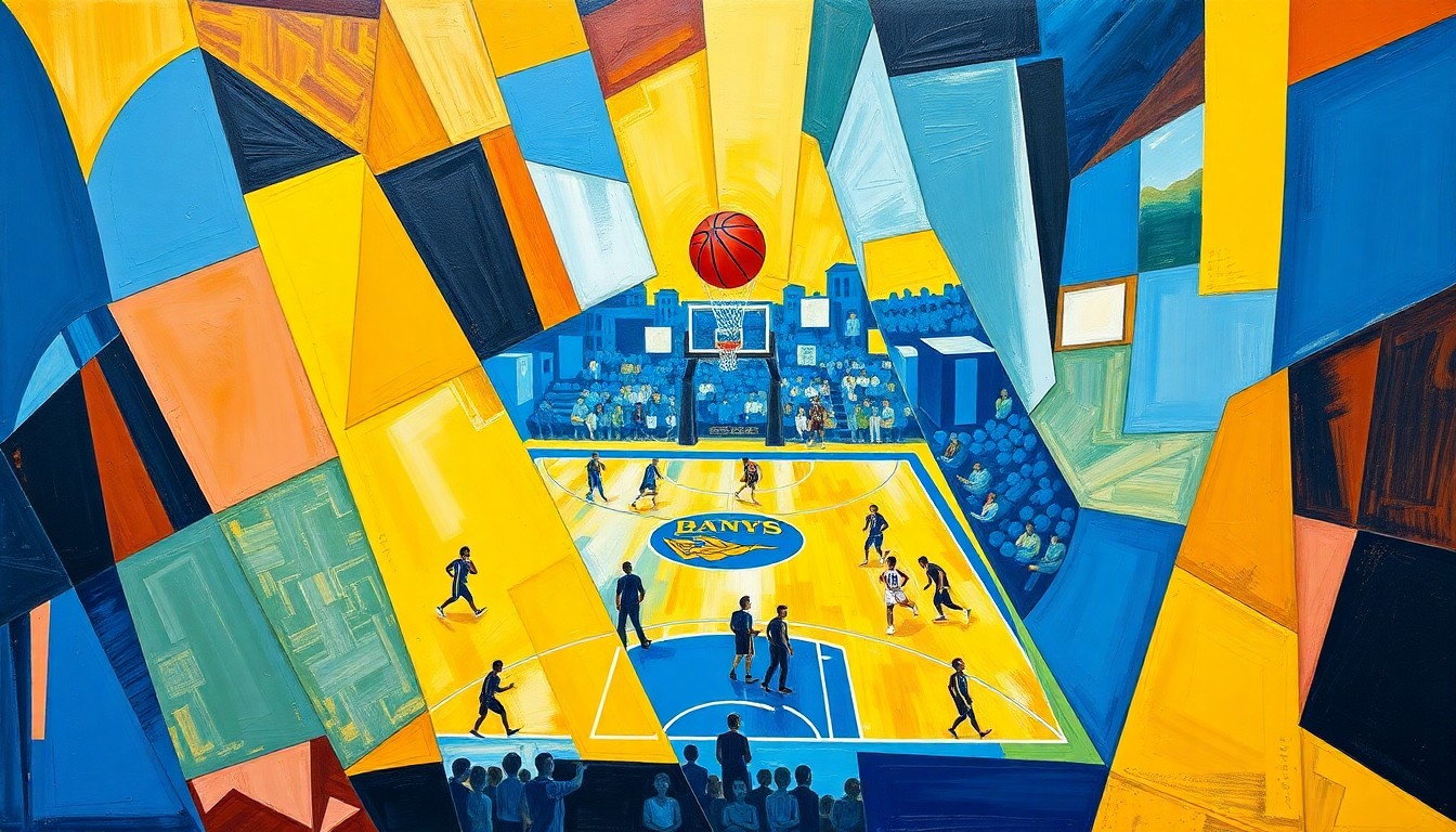 A cubist, geometric painting depicting a basketball game or competition, with the players and court broken down into sharp, overlapping shapes and planes in vibrant colors, conceptually representing the complex decision facing Dusty May and the University of Michigan.