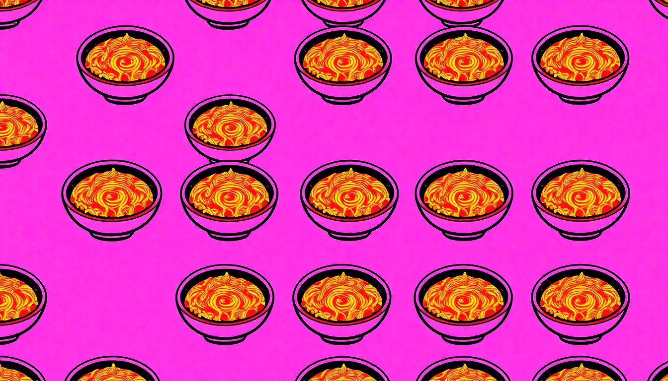 A highly stylized, pop art-inspired illustration featuring a repeating grid of a single, iconic birria ramen bowl in a vibrant neon color palette, conceptually representing the fusion of cuisines and the comfort of the dish.