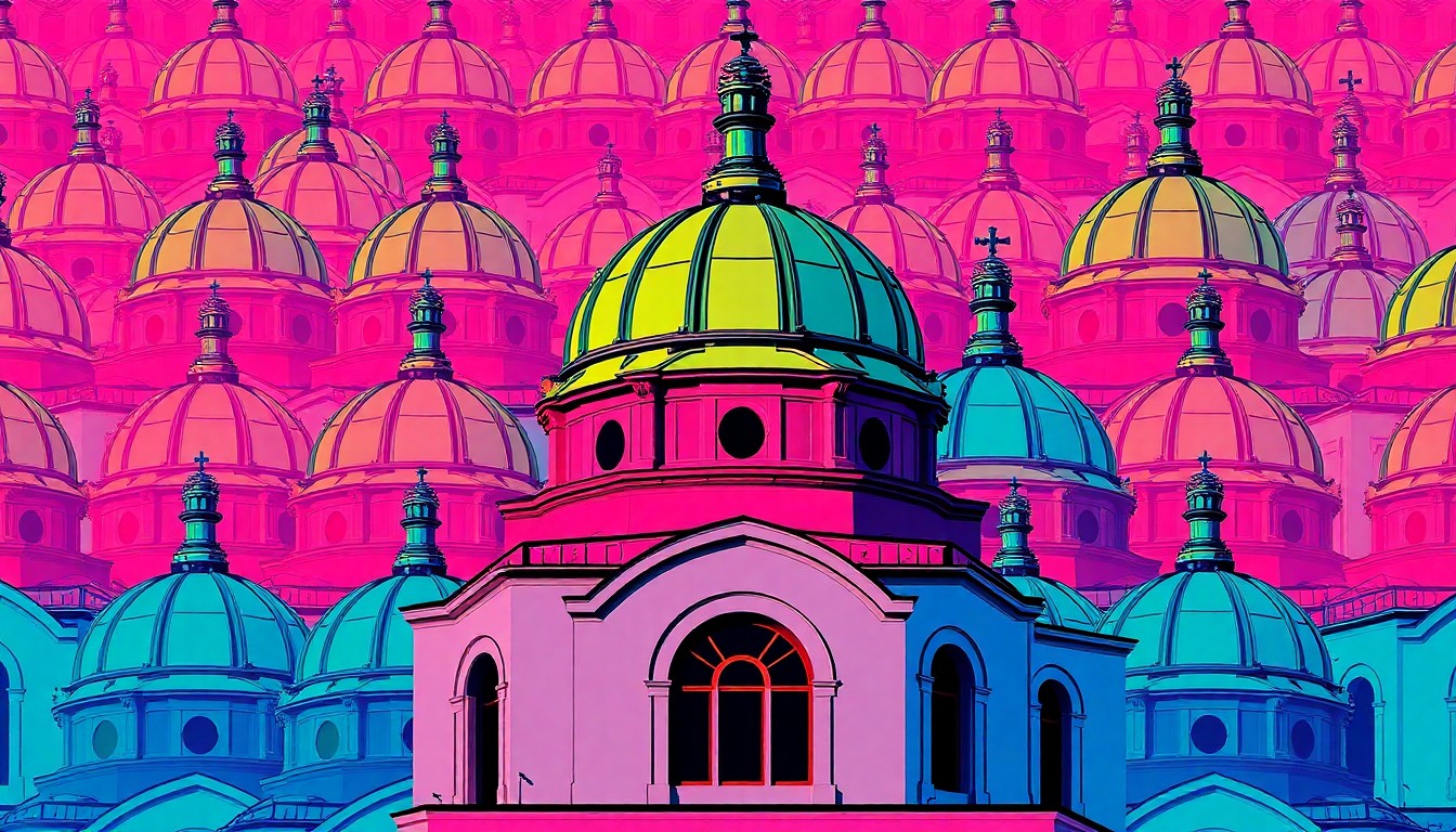A brightly colored, high-contrast silkscreen print of the domed roof of a traditional Byzantine-style church, repeated in a grid pattern with bold outlines and vibrant neon colors, conceptually representing the restoration of a historic place of worship.