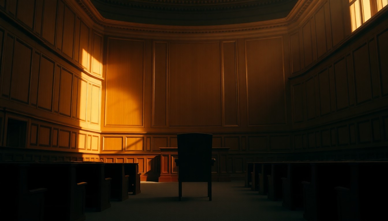 A quiet, cinematic painting of an empty state legislative chamber with a single chair at the center, bathed in warm, diagonal sunlight and deep shadows, conceptually representing the silencing of a constituent's voice on a maternal health issue.
