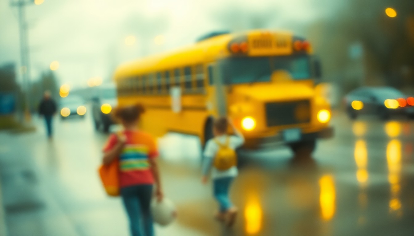 An abstract, impressionistic photograph showing the blurred silhouettes of children walking towards a school bus on a rainy morning, with soft, warm pools of color and light.