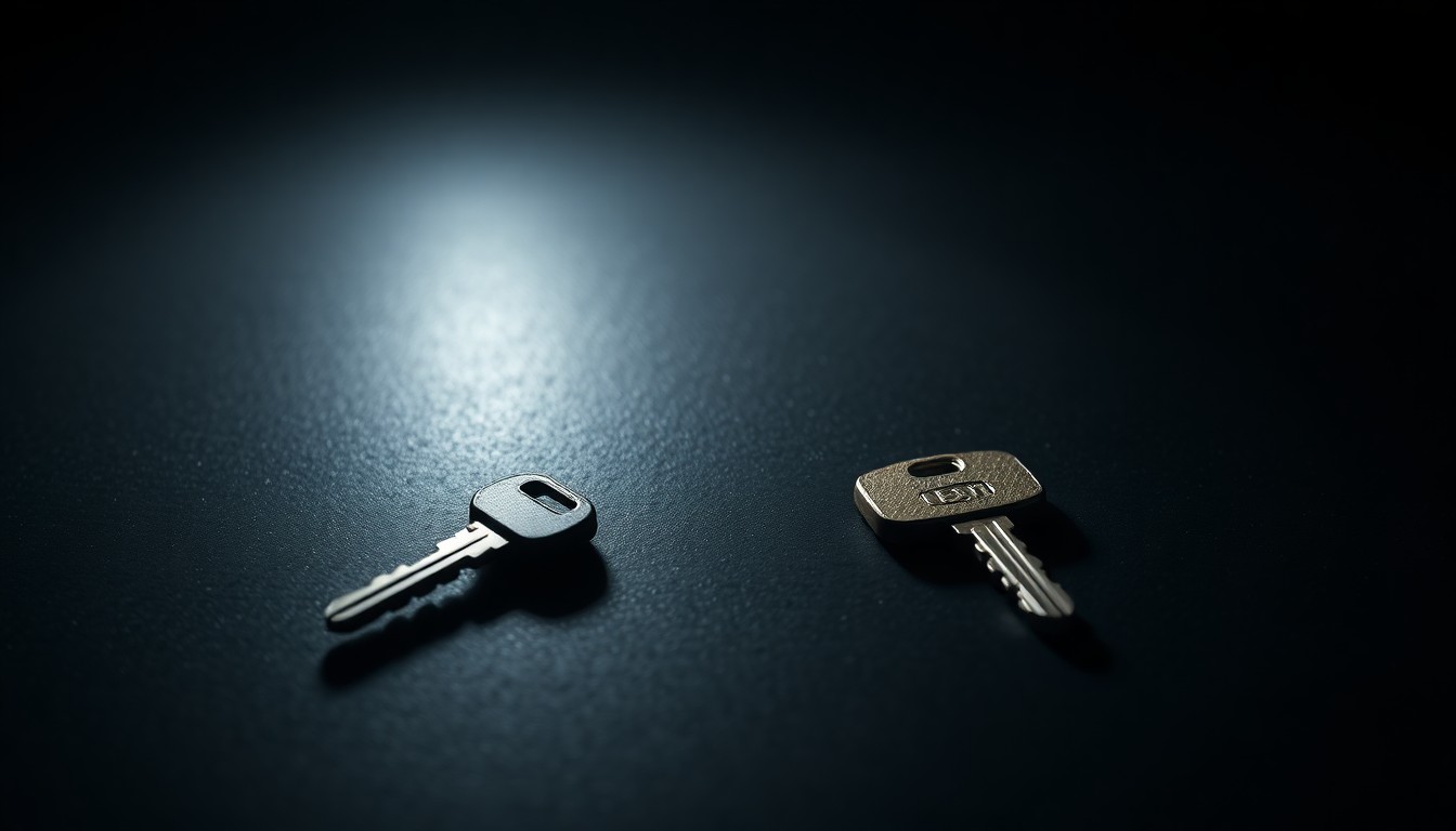 An extreme close-up photograph of a single car key lying on a dark surface, lit by a harsh, direct camera flash, conceptually representing the mystery and investigation surrounding a missing person's case.