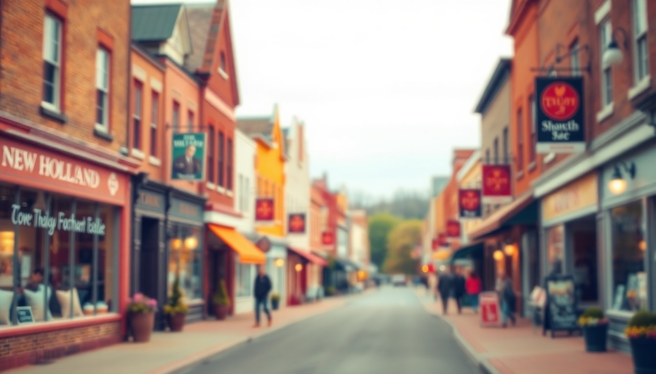 An abstract, out-of-focus photograph in warm, muted tones depicting the blurred silhouettes of pedestrians and storefronts on a small-town main street, conceptually representing the close-knit community of New Holland, Pennsylvania.