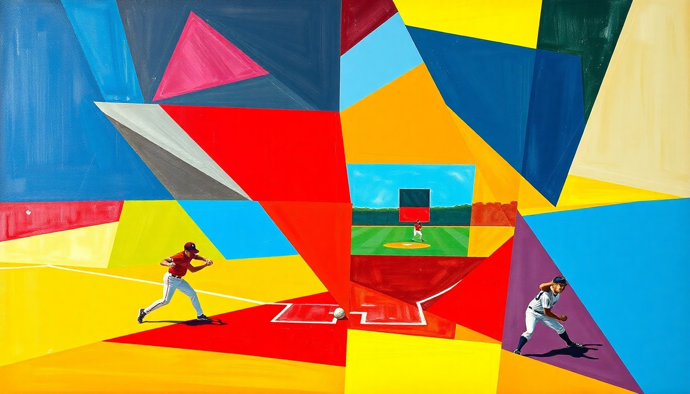 A fragmented, geometric painting in bold primary colors depicting the action and movement of a softball game, with players and the field abstracted into sharp, overlapping planes.