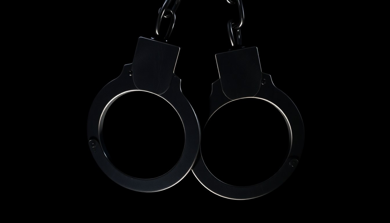 An extreme close-up photograph of a pair of handcuffs against a stark, black background, the metal reflecting the harsh light of the camera flash, conceptually illustrating the serious legal challenges faced by those accused of assault and battery.