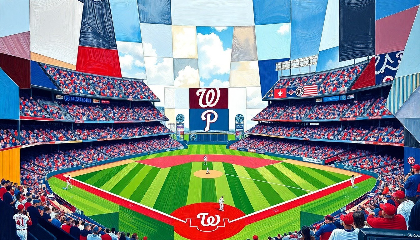 A fractured, geometric painting depicting a baseball game between the Philadelphia Phillies and Washington Nationals, with the players and field broken down into sharp, overlapping planes of color.