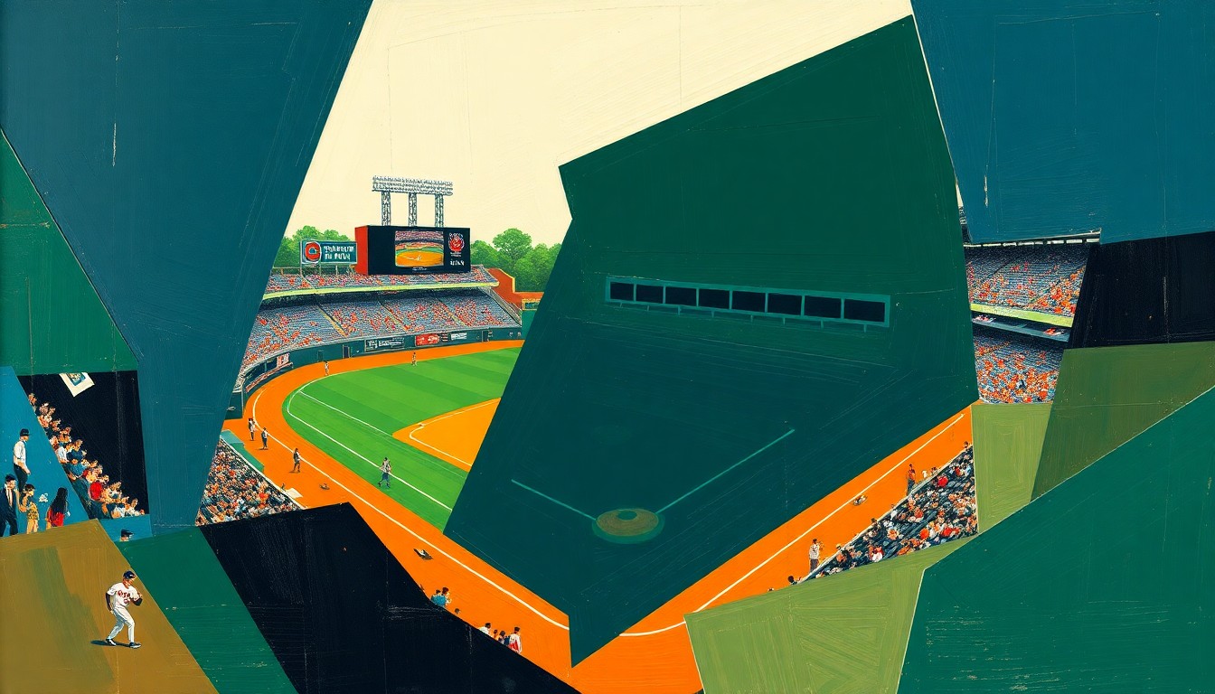 A fractured, cubist-style painting depicting the dynamic action of a college baseball game, with sharp geometric shapes and overlapping planes in a vibrant color palette.