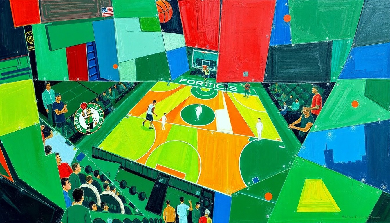 A fragmented, cubist-style painting depicting the action and energy of a basketball game between the Boston Celtics and Atlanta Hawks, with the players and court broken down into sharp, overlapping geometric shapes and planes of vivid color.