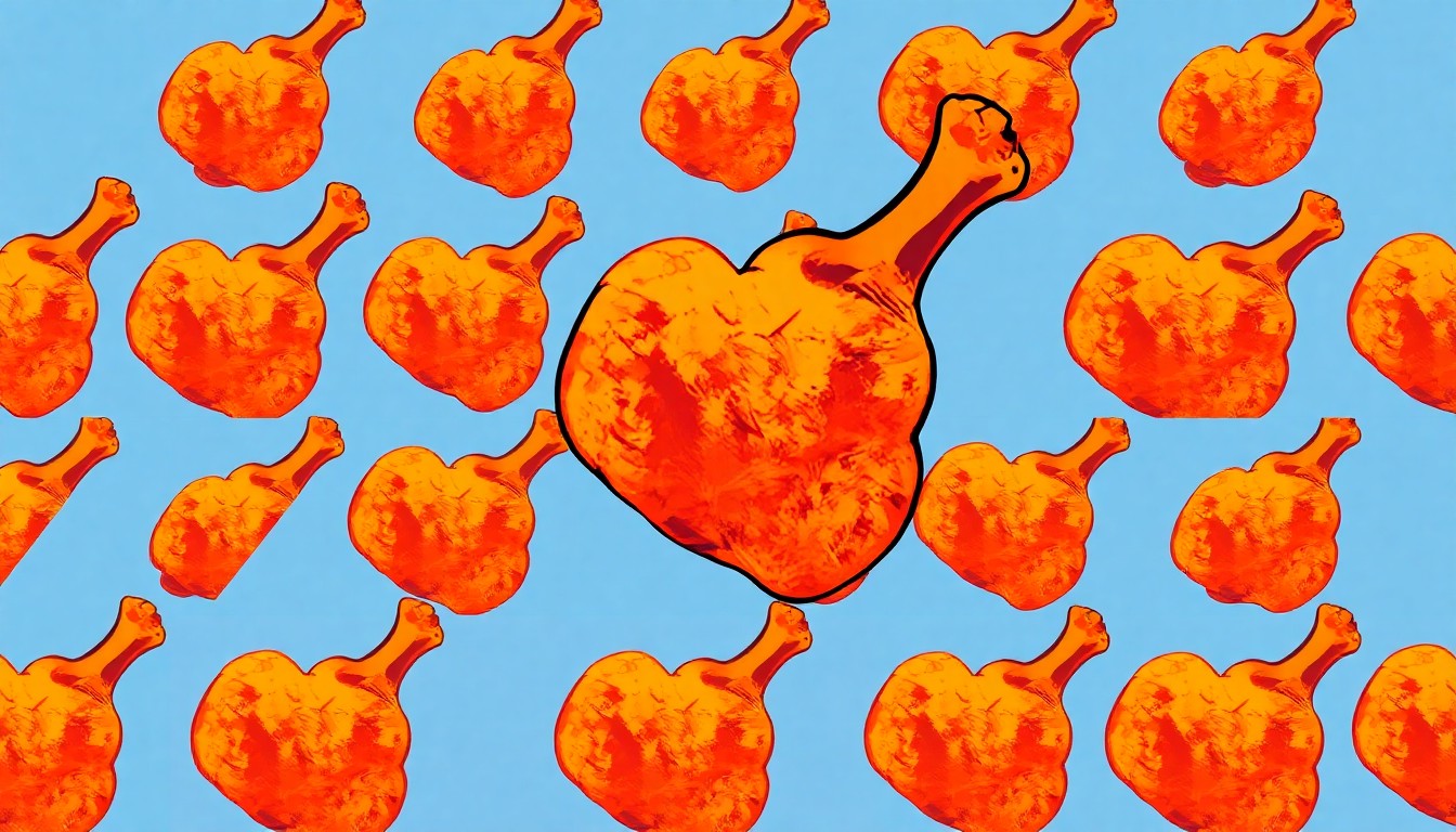 A vibrant, high-contrast silkscreen print of a single fried chicken drumstick repeated in a grid pattern, capturing the iconic status of Minnie's Uptown Restaurant's signature dish.