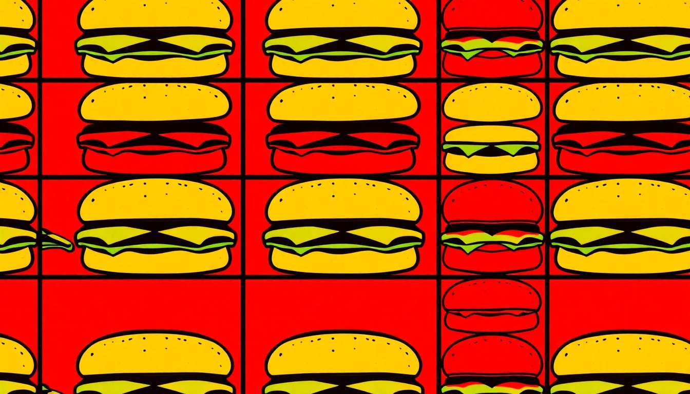 A vibrant, high-contrast silkscreen print featuring a classic diner cheeseburger repeated in a grid pattern, using a bold neon color palette and heavy black outlines to transform the everyday item into a modern pop art piece.