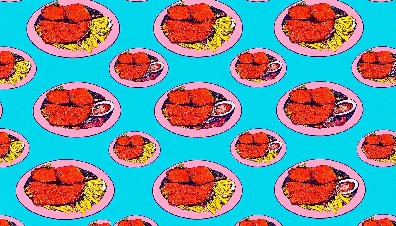 A high-contrast, silkscreen-style illustration featuring a grid of vibrant, neon-colored seafood dishes, conceptually representing the diverse and delicious menu offerings at Lagorio's Grill & Bar.