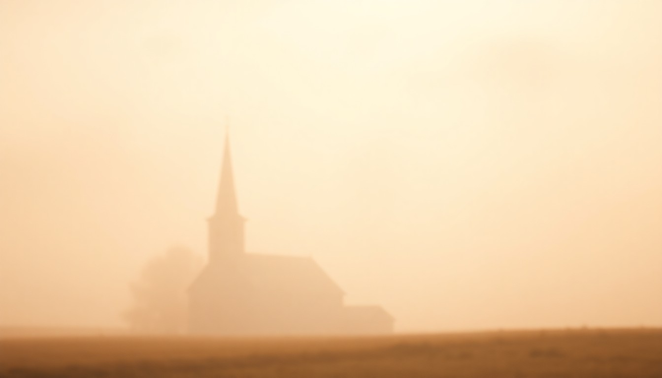 A blurred, atmospheric photograph of a small country church steeple surrounded by a hazy, out-of-focus landscape, conveying a sense of timeless spirituality.