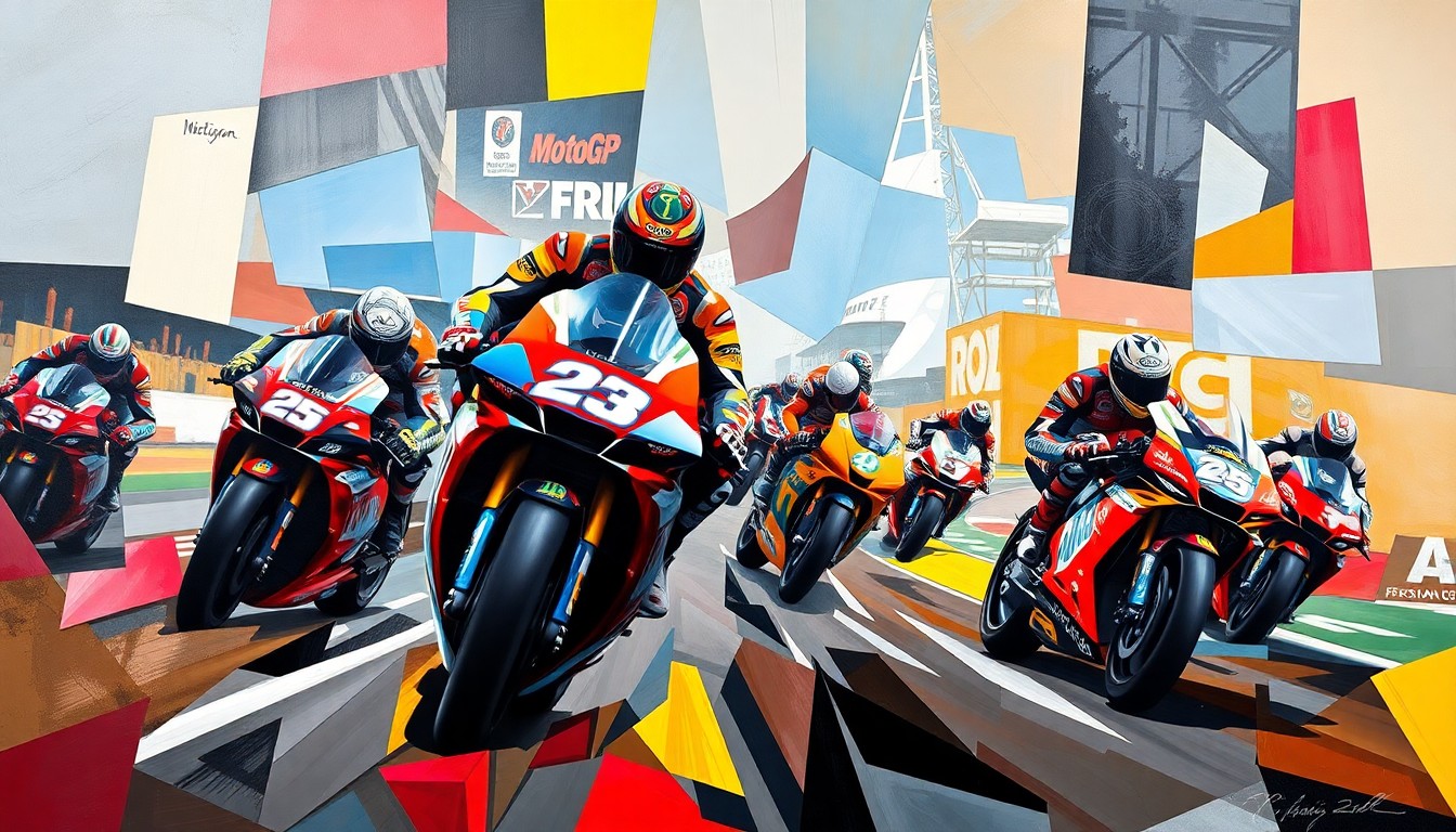 A cubist, geometric painting depicting a deconstructed MotoGP race scene, with the motorcycle and rider forms broken down into sharp, overlapping planes of color, capturing the raw energy and tension of the competition.