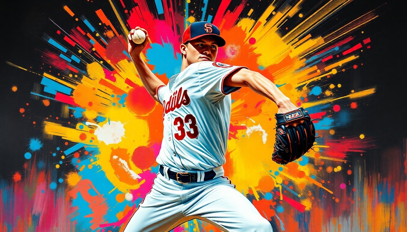 An abstract, expressionist painting in vibrant neon colors capturing the explosive motion and energy of a baseball pitcher on the mound, with their face and uniform details dissolving into unrecognizable brushstrokes.