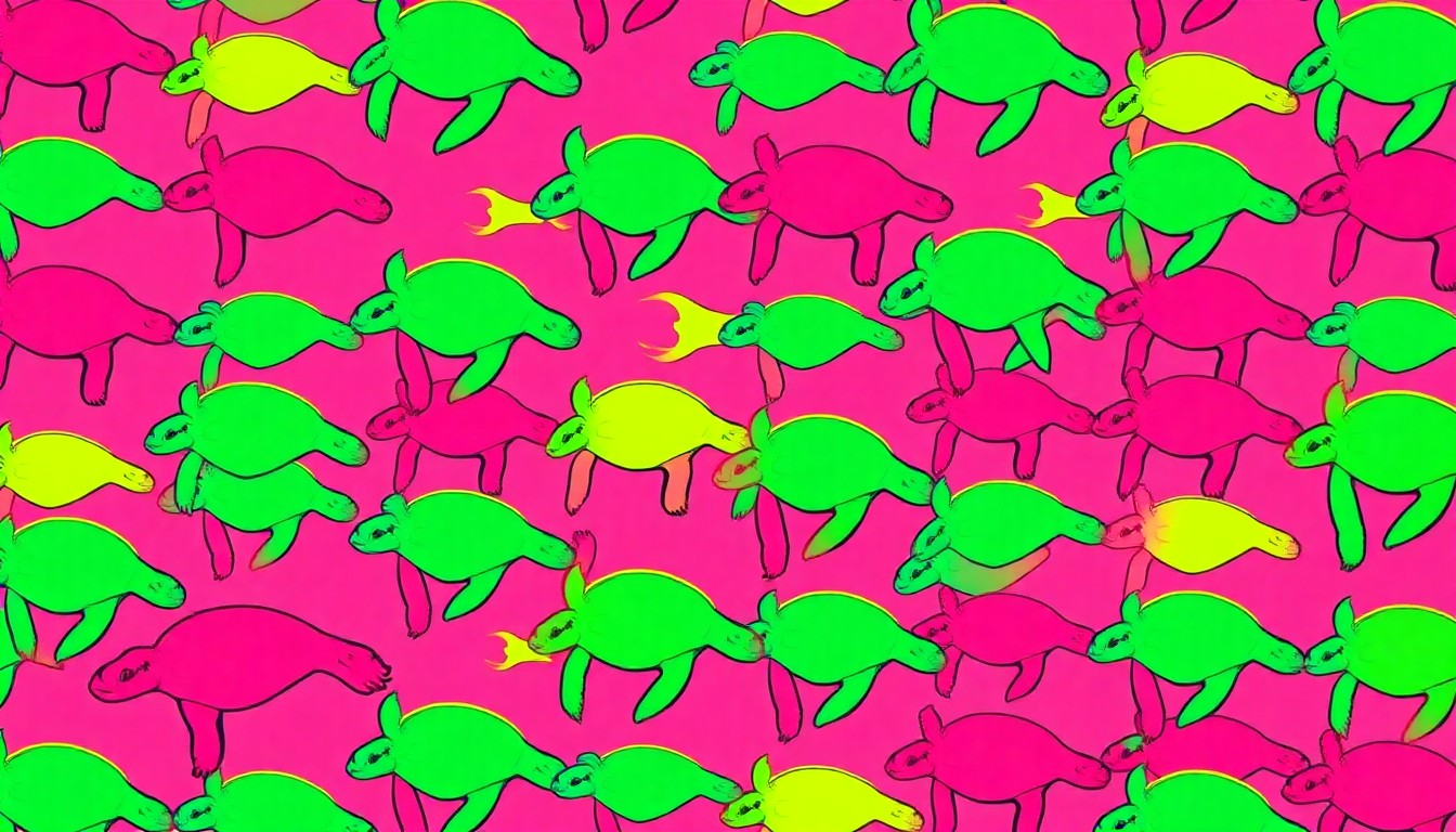 A high-contrast silkscreen print of a sea turtle repeated in a grid pattern, rendered in bright neon colors and heavy black outlines to create a modern, abstract interpretation of coastal wildlife.