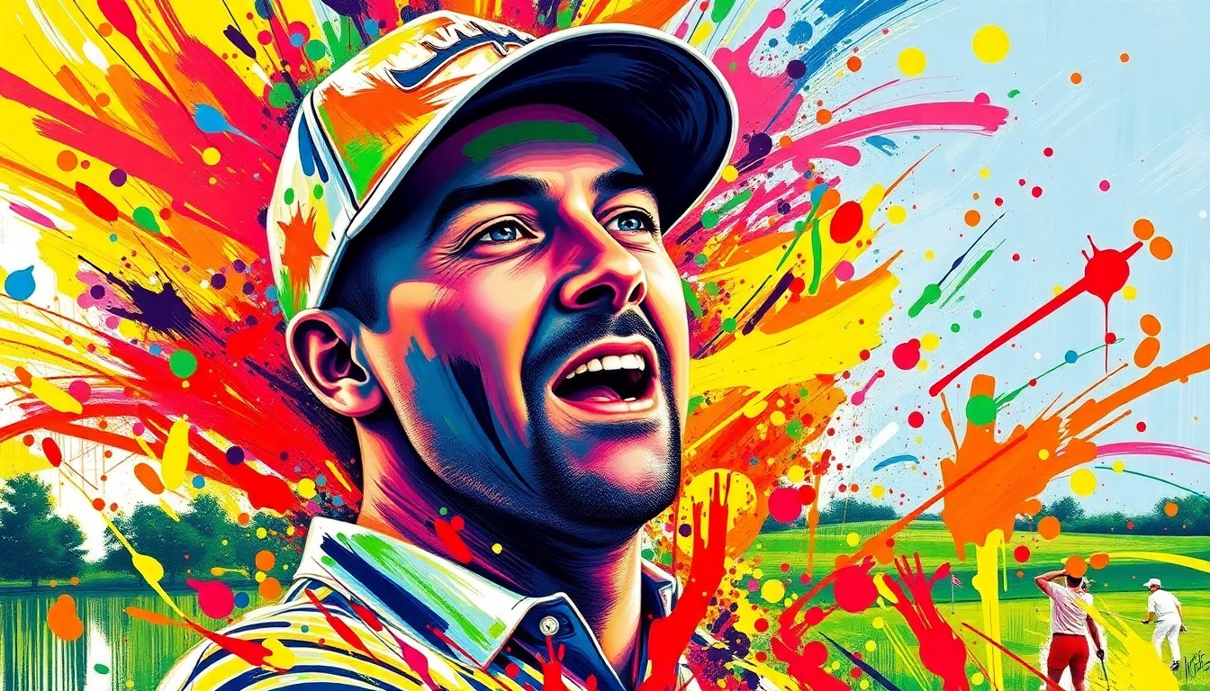 An abstract, energetic painting in neon colors depicting the raw emotion and movement of a professional golfer celebrating a victory, with the figure and surroundings blending into expressive brushstrokes.